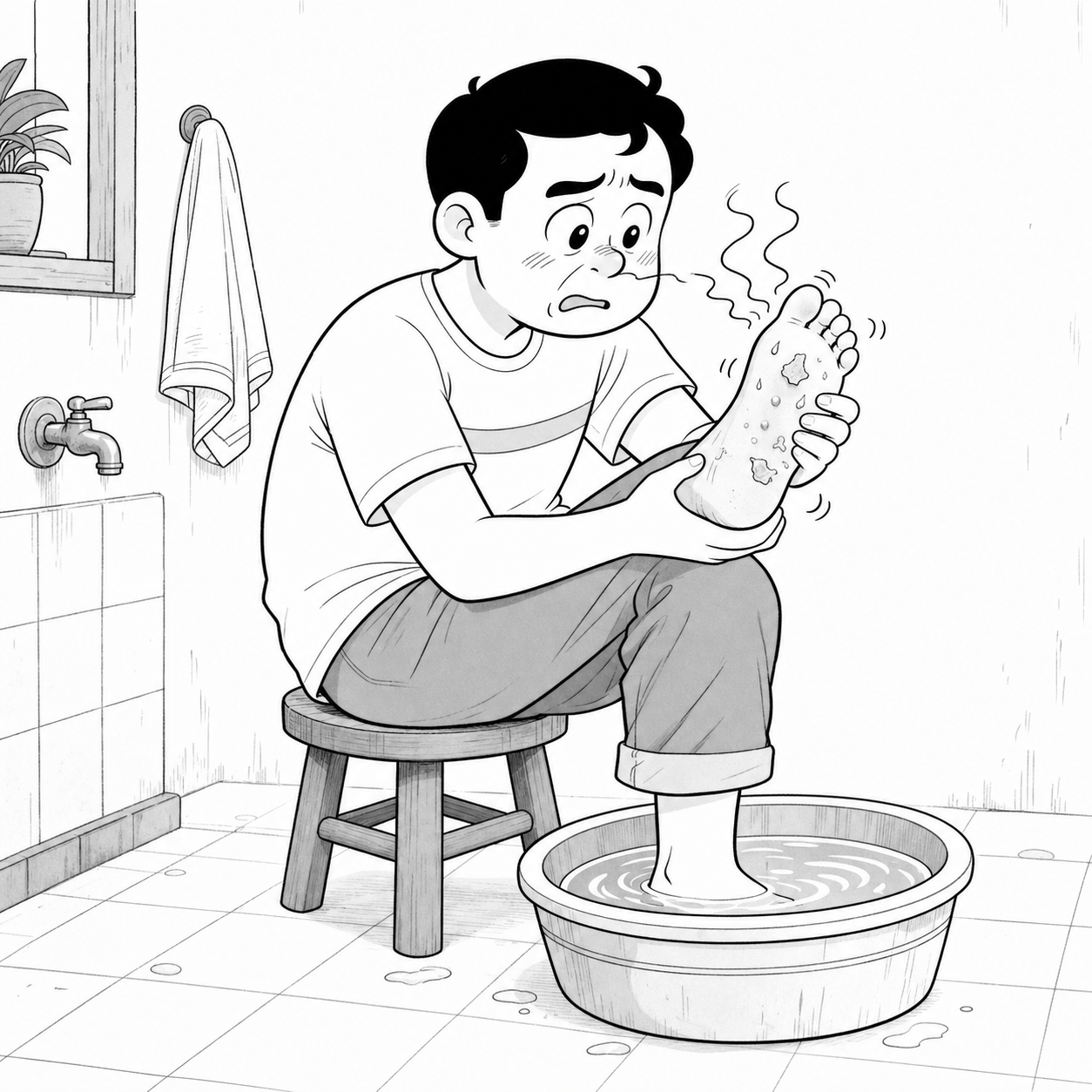 漫画人物洗脚后查看足部状态